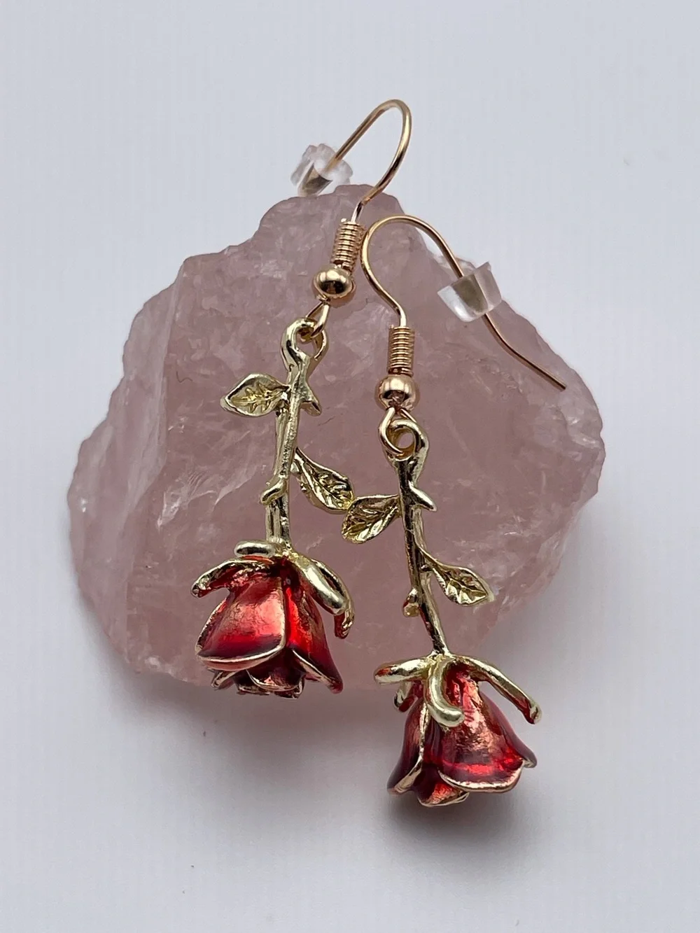 Gold Red Rose Drop Earrings